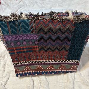 Vismaya Multicolor Patchwork Fringe Tote Bag with Zip Closure and Double Handles